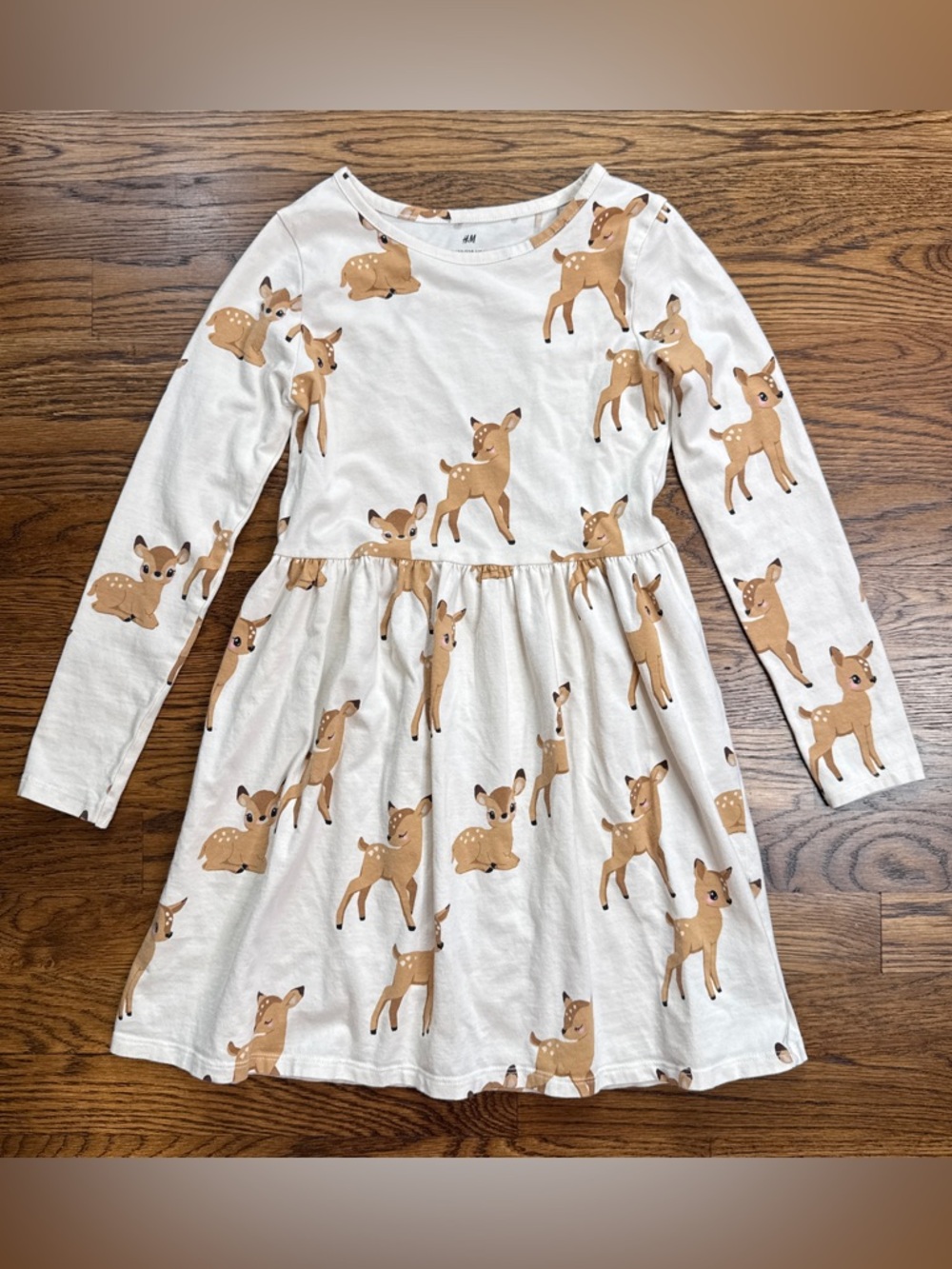 H&M Cream Long-Sleeve Girls Cotton Jersey Dress Tan Deer Print 6X/7